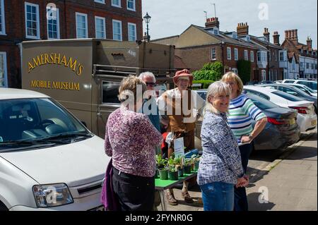 Old Amersham, Buckinghamshire, Regno Unito. 29 maggio 2021. I membri del gioco dei martiri Amersham stavano dando via oggi le piante piccole ai passanti vicino. I fiori della selezione delle piante sono usati per tingere i vestiti per le loro produzioni. Anche l'Amersham's Mobile Museum è stato parcheggiato nelle vicinanze. Credit: Maureen McLean/Alamy Live News Foto Stock