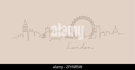 City silhouette londra in stile penna con disegno marrone linee su sfondo beige Illustrazione Vettoriale
