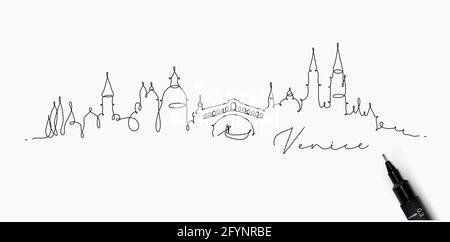 Città silhouette venezia in stile penna disegno con nero linee su sfondo bianco Illustrazione Vettoriale