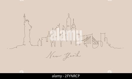Città silhouette New york in stile penna con disegno linee marroni su sfondo beige Illustrazione Vettoriale