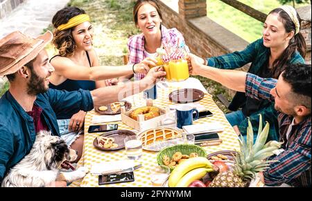 Amici felici tostare succo di frutta sano in campagna pic-nic - concetto di famiglia giovane con persone alternative divertirsi insieme con il cane carino Foto Stock