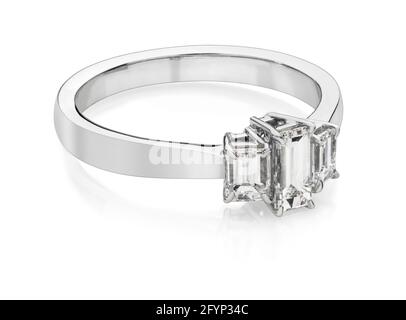Tre anelli d'aggancio diamantati con taglio smeraldo in oro bianco o. platino Foto Stock