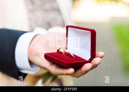 Anelli di nozze in una scatola tenuta in una mano maschio. Simbolo del matrimonio. Preparazione per il matrimonio. Foto Stock