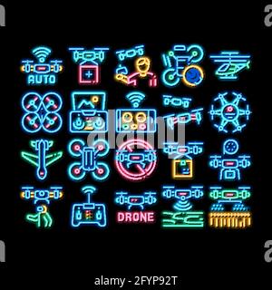 Immagine dell'icona del bagliore al neon del Quadrocopter Drone Fly Illustrazione Vettoriale