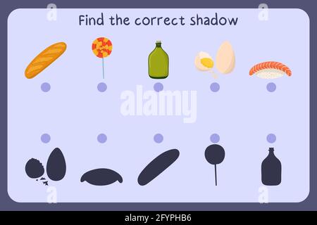 Gioco educativo per bambini abbinato con cibo - baguette, caramelle, olio, uova, sushi. Trovare l'ombra corretta. Illustrazione vettoriale. Illustrazione Vettoriale