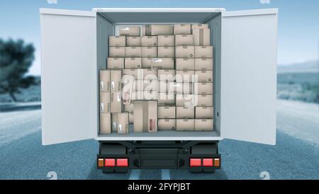 Centinaia di scatole di cartone accatastate nella parte posteriore di a. furgone trasportatore - illustrazione 3d Foto Stock