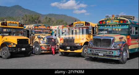 I colorati 'pulmann di pollo' guatemaltechi attendono i passeggeri al terminal degli autobus di Antigua Guatemala Foto Stock