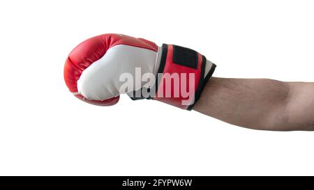 Mano maschile in un guanto di boxe rosso isolato su sfondo bianco. Guanto di boxe soffiare. Foto Stock