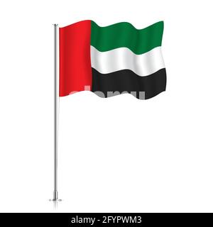 Bandiera degli Emirati Arabi Uniti che oscilla su un palo metallico. Bandiera ufficiale degli Emirati Arabi Uniti, isolata su sfondo bianco. Illustrazione Vettoriale