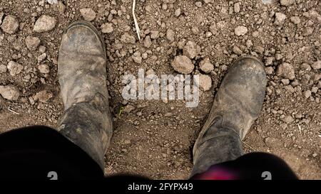 Stivali antichi. Un uomo in stivali vintage è in piedi su terra nera. Piedi del contadino. Foto Stock