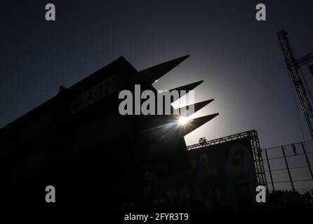 Gaza, Palestina. 29 maggio 2021. Silhouette dei missili di Izz al-DIN al-Qassam Brigades durante una parata militare anti-Israele a Rafah, nella striscia di Gaza meridionale. Credit: SOPA Images Limited/Alamy Live News Foto Stock