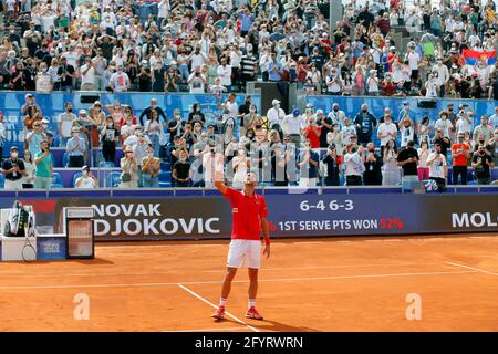 Belgrado. 29 maggio 2021. La Serbia Novak Djokovic festeggia dopo la finale di ATP 250 Belgrade Open tra la Serbia Novak Djokovic e la Slovacchia Alex Molcan a Belgrado, Serbia, il 29 maggio 2021. Credit: Predrag Milosavljevic/Xinhua/Alamy Live News Foto Stock