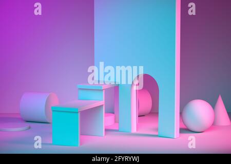 Sfondo astratto al neon di forme geometriche con luce rosa, viola, blu. Il podio per la pubblicità del prodotto. Piedistallo per il servizio presentato Foto Stock