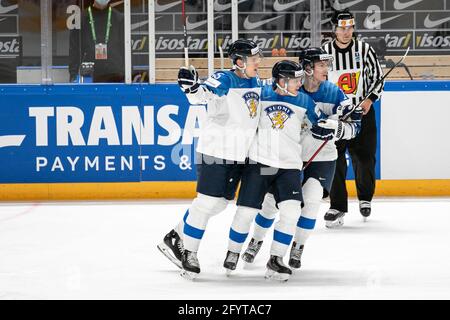 Festa degli obiettivi Finlandia durante il Campionato del mondo 2021 - Germania vs Finlandia, Hockey su ghiaccio, riga, Lettonia, 29 maggio 2021 - Foto .LiveMedia/Andrea Re Foto Stock