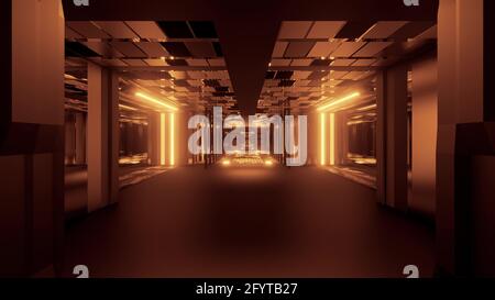 Un rendering 3D delle luci dorate al neon futuristiche tunnel Foto Stock