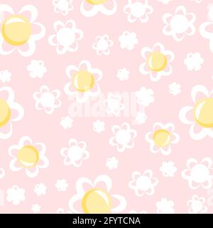 Illustrazione astratta senza giunture. Prato e fiori sfondo. Stile piano di cartoni animati. Vettore Illustrazione Vettoriale