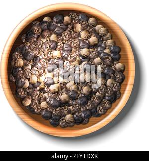pepe nero vettoriale in una ciotola di legno. Isolato su sfondo bianco. Illustrazione Vettoriale