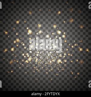 effetto bokeh esplosivo oro chiaro brillare . Luce luminosa e soleggiata con scintille. Illustrazione isolata. Illustrazione Vettoriale
