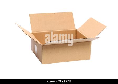 Confezione isolata aperta scatola di cartone in primo piano senza ombre. File PNG con sfondo trasparente. Foto Stock