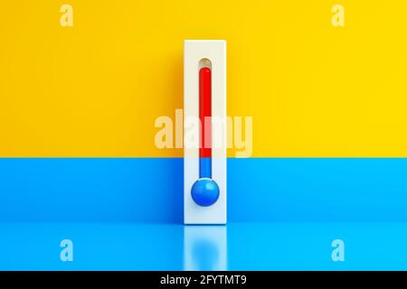 Termometro freddo e caldo, blu e rosso su sfondo giallo-blu, rendering 3d, regolazione della temperatura concettuale Foto Stock