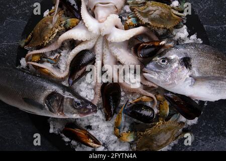 piatto di frutti di mare con seppie fresche, cozze, granchio blu, spigola e pesce dorado, Foto Stock