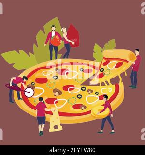 Persone che condividono la cena pizza. Illustrazione vettoriale. Gustoso cartone animato fast food, personaggio con pepperoni, mangiare e condividere snack, amicizia par Illustrazione Vettoriale