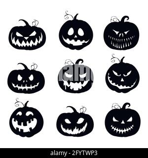 Collezione Halloween di zucche nere silhouette. Vettore autunno horror vacanza, celebrazione jack divertente, emozione faccia scultura illustrazione Illustrazione Vettoriale