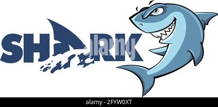 Disegno di un personaggio cartoon di squalo con un logo, illustrazione vettoriale Illustrazione Vettoriale