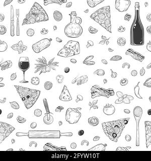 Illustrazione vettoriale motivo senza giunture con pizza con diversi tipi di pizza, posate, ingredienti e oggetti relativi alla pizza, disegno vettoriale Illustrazione Vettoriale