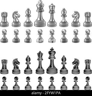 Set di pezzi di scacchi in stile Woodcut vintage Illustrazione Vettoriale
