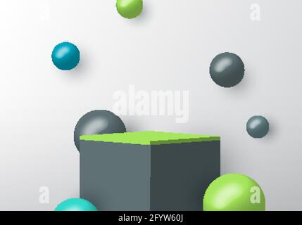 Podio 3D realistico grigio e quadrato verde per la vetrina dei prodotti con decorazione a sfera su sfondo bianco. Illustrazione vettoriale Illustrazione Vettoriale