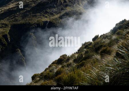 Nebbia in un burrone tra creste, Temple Basin, Arthurs Pass, Canterbury, South Island, Nuova Zelanda Foto Stock
