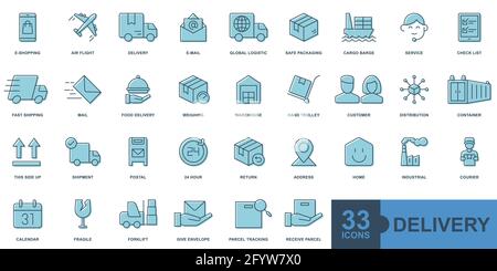 Consegna, spedizione, logistica linea sottile minima, solido, glifo, colore, riempimento Web insieme di icone. Collezione icone di contorno. Semplice illustrazione vettoriale. Illustrazione Vettoriale