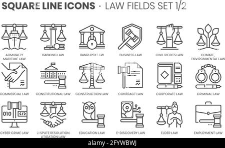 Campi di legge relativi, insieme di icone vettoriali a linee quadrate per applicazioni e sviluppo di siti web. Il set di icone è modificabile tratto, pixel Perfect e 64x64. CR Illustrazione Vettoriale