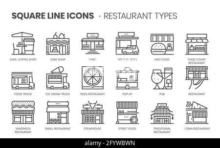 Tipi di ristorante correlati, set di icone vettoriali a linea quadrata per applicazioni e sviluppo di siti Web. Il set di icone è pixelperfect con griglia 64x64. Realizzato Illustrazione Vettoriale