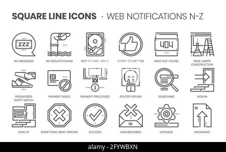 Notifiche Web relative, set di icone vettoriali a linea quadrata per applicazioni e sviluppo di siti Web. Il set di icone è pixelperfect con griglia 64x64. Realizzato Illustrazione Vettoriale