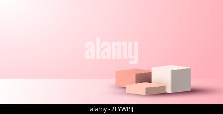 3D realistic scena minima i cubi rosa vuoti vengono visualizzati su sfondo rosa tenue con illuminazione e spazio per il testo. È possibile utilizzare il design per i prodotti Illustrazione Vettoriale
