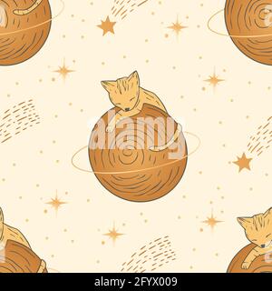 Celestial gatto animale saturno spazio pianeta disegno senza giunture. Astrologia vettoriale boho oro esoterico e fantasy sfondo magico. Illustrazione Vettoriale