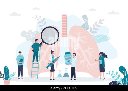 Gruppo di pulmonologisti controllare le condizioni e trattare i polmoni. Il medico con lente di ingrandimento esamina l'organo respiratorio. Concetto di pulmonologa, medicina. Illustrazione Vettoriale