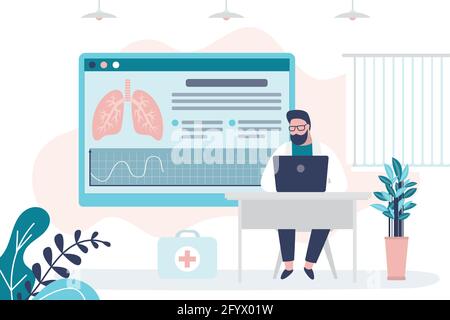 Il medico controlla il rapporto delle condizioni polmonari sul computer. Pulmonologist esamina il sistema respiratorio per la malattia. Concetto di pulmonologa e di assistenza sanitaria. Medico Illustrazione Vettoriale