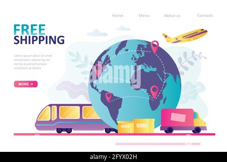 Vari mezzi di trasporto per consegne in tutto il mondo. Modello della pagina di destinazione sul tema spedizione gratuita. Mappa del mondo con destinazioni. Concetto di delive globale Illustrazione Vettoriale