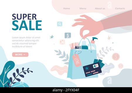 Modello pagina di destinazione Super sale. Confezione di maniglie femmina piena di prodotti di bellezza. Vendita di vari cosmetici sanitari, cura della pelle. Carta sconto, sh Illustrazione Vettoriale