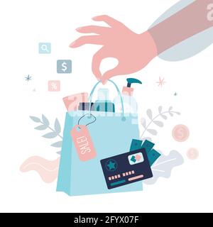 Confezione di maniglie femmina piena di prodotti di bellezza. Vendita di vari cosmetici sanitari. Carta sconto. Concetto di vendita, cura della pelle e shopping. Banner Illustrazione Vettoriale