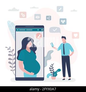 Videoconferenza online. Uomo d'affari usa lo smartphone e parla con la moglie incinta. Grande cellulare con applicazione di videochat. Comunicazione remota Illustrazione Vettoriale