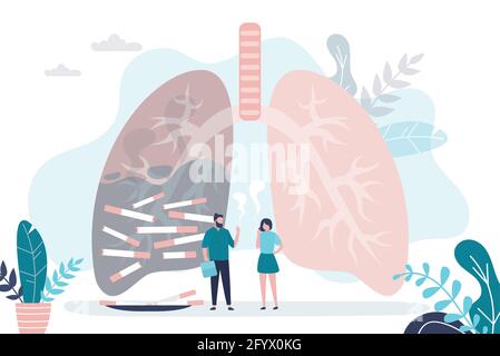 Uomo e donna fumano sigarette. Polmone sano e malsano sullo sfondo. Polmone malato riempito di fumo e sigarette. Concetto di cattiva abitudine e nicot Illustrazione Vettoriale