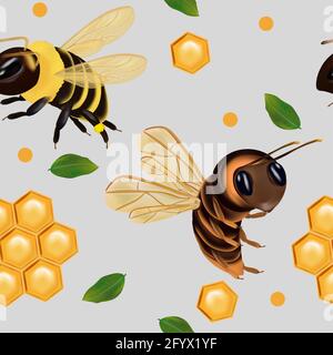 Modello senza cuciture con ape al miele, nido d'ape, foglia. Motivo senza cuciture per il tuo progetto. Illustrazione vettoriale. Illustrazione Vettoriale