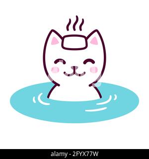 Carino gatto bianco cartone animato in sorgente termale giapponese Onsen con asciugamano fumante sulla testa. Disegno kitty Kawaii, illustrazione vettoriale divertente. Illustrazione Vettoriale