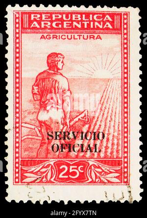 MOSCA, RUSSIA - 27 SETTEMBRE 2019: Francobollo stampato in Argentina spettacoli Agricoltura, 25 ¢ - Argentina centavo, Serie ufficiale, circa 1944 Foto Stock