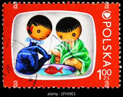 MOSCA, RUSSIA - 27 SETTEMBRE 2019: Francobollo stampato in Polonia mostra Jacek e Agatka, programmi televisivi per bambini serie, circa 1975 Foto Stock