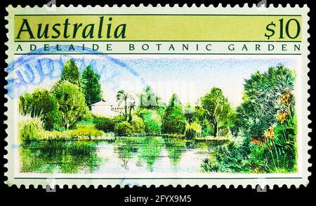 MOSCA, RUSSIA - 27 SETTEMBRE 2019: Francobollo stampato in Australia mostra Adelaide, 10 € - dollaro australiano, Giardini Botanici serie, circa 1989 Foto Stock